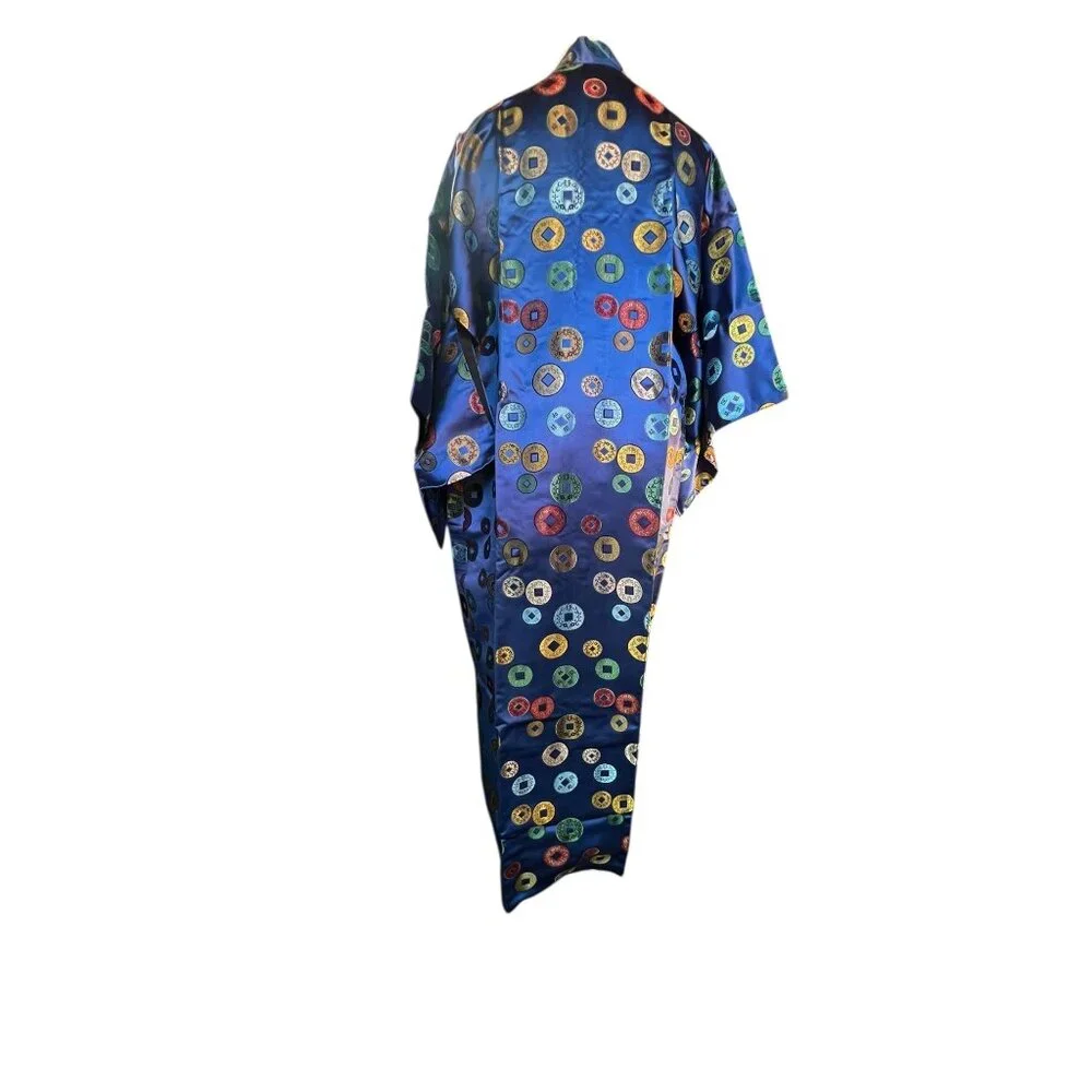 Kimono Royal Blue Satin With Multicolor Brocade Motifs Women’s Size 16 18New - Picture 2 of 12